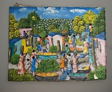 Vtg 60s R Alaby (Reginald or LV) Haitian Folk Art Painting 12x16  village life picture