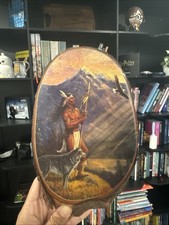 Caroselli Native American Wood Slice Plaque Brown Good Vintage Art Decor picture