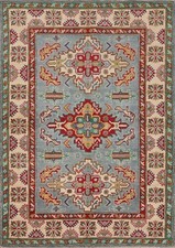 Light Blue/ Ivory Geometric Handmade Super Kazak Oriental Rug Area Carpet 4'x6' picture