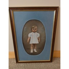 Vintage Hand Tinted Child Portrait Blue Velvet Mat Gold Wood Frame 1977 15x21 picture