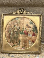 ANTIQUE BRASS FRAMED OIL ON WOOD PAINTING 2 SOLDIERS & WOMAN 4.5 X 4.75”1800’S picture