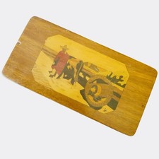Vintage Jesús Salmón Mexican Folk Art Wooden Stamp Box Marquetry Ox Cart 1940s picture