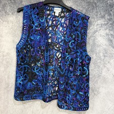 Chico’s Size 2 Women Blue Purple Black 100% Silk Open Front Floral Cutout Vest picture