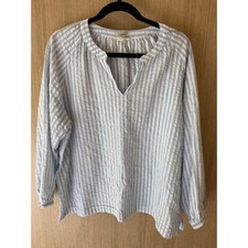 L.L.Bean Seersucker Top Women XL Blue White Striped Cotton Modal V-Neck Blouse picture