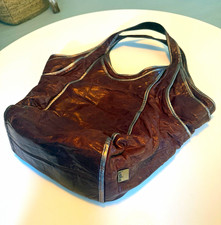 VTG Kooba Brown Leather Slouchy Hobo Shoulder Bag Metallic Pewter Trim Y2K picture