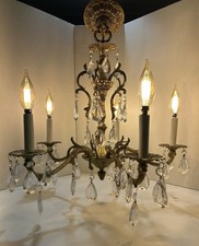 Vintage Ornate Brass Crystal Chandelier 5 Light Candelabra Spanish 1950s AS-IS picture