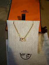HERMÈS 18K Gold H Letter Charm Pendant Necklace Cable Chain Lobster Clasp picture