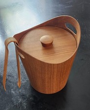 VINTAGE Ice Bucket Teak Bent Wood w/ Tongs picture