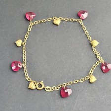 Vintage 10k Gold Bracelet with Gold & Red Crystal Heart Charms 8