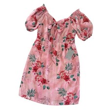 NSR Women’s Pink Tropical Floral Print Tie Front Mini Dress Size Medium NWT picture