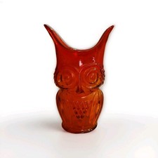 Vtg MCM Rainbow Glass Art Owl Vase Hand Blown Viking Persimmon Amberina orange picture