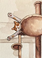 ACEO 100% Hand Painted Original Mixed Media Painting Art Cat Stretching picture
