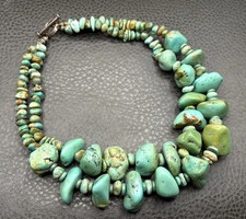 VTG Heavy Green Blue Brown Turquoise Sterling Double Strand Necklace 179g picture