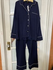 NWT J.Crew Women's Size Medium L Navy Piped Dreamy Cotton Long Pajama Set AC318 picture