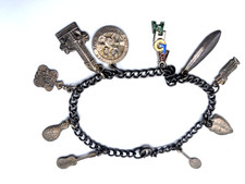 Old Charm Bracelet Sterling Silver, Hawaii, Aloha Surfboard Uke King,  7 3/4