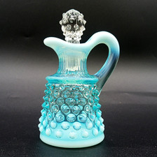 Vtg Fenton Blue Opalescent Hobnail Oil/Vinegar Cruet w Original Stopper 4.5 Tall picture