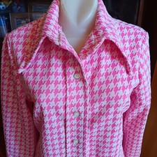 Vintage Women's Texas Granny Pink Houndstooth Button-Up Shirt Big Mod Collar picture