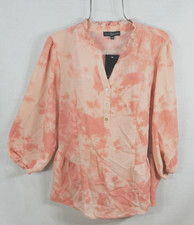 Fred David Women's Blouse 2X Pink Splash Ruffle Neck 3/4 Sleeve Top NWT picture