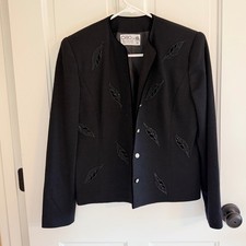 Vintage Ciao Ltd Hong Kong Black Wool Beaded Leaf Blazer Jacket Size 6 80s picture