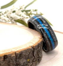 Unique 8MM Black Tungsten Engraving Ring Blue Opal Inlay & Silver Meteorite Band picture