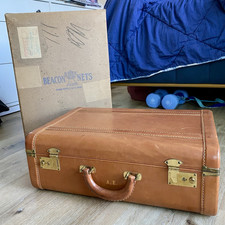 Vintage 1940s California Saddle Leather Suitcase Luggage w/ Key & Gimbels Box picture