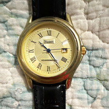 Stauer Men's Quartz Dress Watch Gold Dial Roman Numerals Date Black Leather 38mm picture