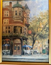 Thomas Kinkade Bloomsbury Cafe 1995 LE Canvas #84/1250 COA Framed Lightpost picture