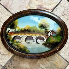 VTG Antique Oval Tiger Striped Convex Bubble Glass Reverse BRIDGE Painting 22x16 picture