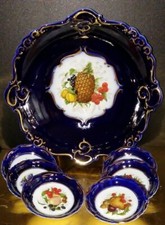 Bowl  and 7 Small Plates Set  Cobalt Blue  Porfin Cluj Napoca Hand Painted picture