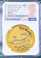 2026 PERTH STAMP & COIN SHOW Kookaburra 1oz .9999 Silver $1 Gilt Coin MS70 ER picture