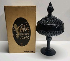 Vintage Tiara Exclusives Black Glass Diamond Point Covered Candy Dish Boxed Vtg picture