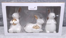 Papyrus Ceramic Easter Bunny Rabbits Porcelain Decor NEW Set of 3 White and Gold picture