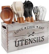 Rustic White Wooden Utensil Holder Extra Large Farmhouse Countertop Organizer XL picture