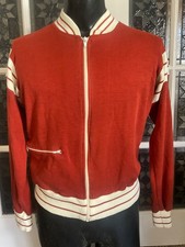 Vintage 1970s Burnt Orange / White Stripe Knit Zip Up Track Jacket Mens Sweater picture