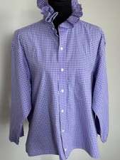 Upcycled Women's Pink and Blue Check Button-Down with a Ruffled Collared Top picture