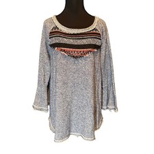 Oddi Womens Southwestern Fringe Tunic Top Blue Marled Bell Sleeve LDistressed picture