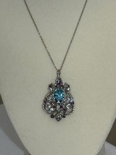 Ornate Estate Rhinestone Pendant Necklace – Aqua Blue & Purple picture
