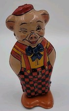 Vintage J. Chein & Co. Tin Litho Wind Up Walking Pig Checkered Pants Toy 1940s  picture
