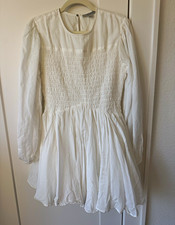ALLSAINTS White Woven Smocked Mini Dress 6 Round Neck Long Sleeve Button RV $249 picture