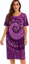 Women's Tie Dye Cotton Nightgown Short Sleeve Henley Sleep Shirt Purple X~Large picture