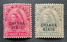 1900-04 CHAMBA STATE opt INDIA QV 3 pies (Varieties Features) MNH SG#22&23 I6274 picture