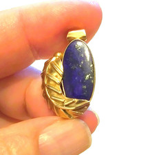 Vintage 14K Yellow Gold Lapis Cabochon Pendant Leaf Artisan Signed 4.3g Charm picture