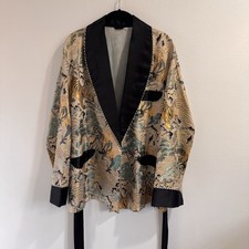 Vintage 1950s Men's Smoking Jacket Silk Brocade Asian Japanese Tiger Belted  picture