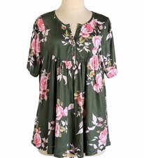 NWT Allegrace Top Plus Size 2X S/S Stretchy Tunic Shirt Green Pink Roses Floral picture