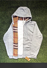 Burberry Men’s Gray Full Zip Hooded Hoodie Check Lined w/ Pockets Logo, L picture