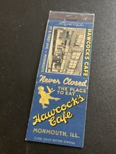 Vintage Illinois Matchbook “Hawcock’s Cafe” Monmouth • w/Photo picture