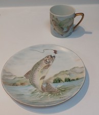 Vintage Hutschenreuther Hand Painted Fish Trout Plate & Cup Set Signed B Babcock picture