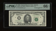 DBR 1995 $5 Atlanta Gem Fr. 1985-F PMG 66 EPQ Serial F55249463F picture