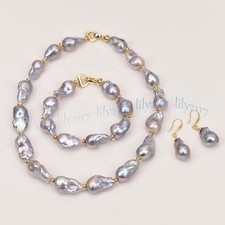 Huge Natural Silver Gray Baroque Keshi Pearl Necklace Bracelet Earrings Set picture