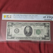 1928B $20 Federal Reserve Note New York PCGS 45 PPQ Dark Green Seal Woods Mellon picture